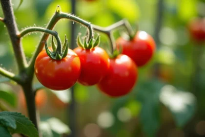 Tomates rouges mûres cultivées sur pied dans un jardin ensoleillé
