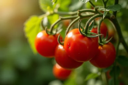 Tomates rouges mûres sur leur plant avec feuilles vertes en plein soleil