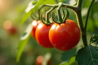 Tomates rouges mûres sur pied dans un jardin ensoleillé avec feuilles vertes