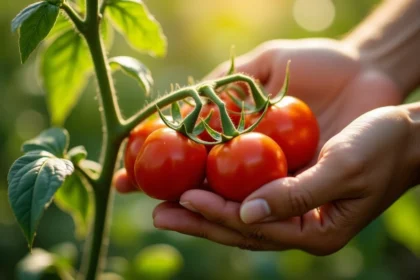 Tomates rouges mûres sur plant avec feuilles vertes dans un jardin biologique en plein soleil