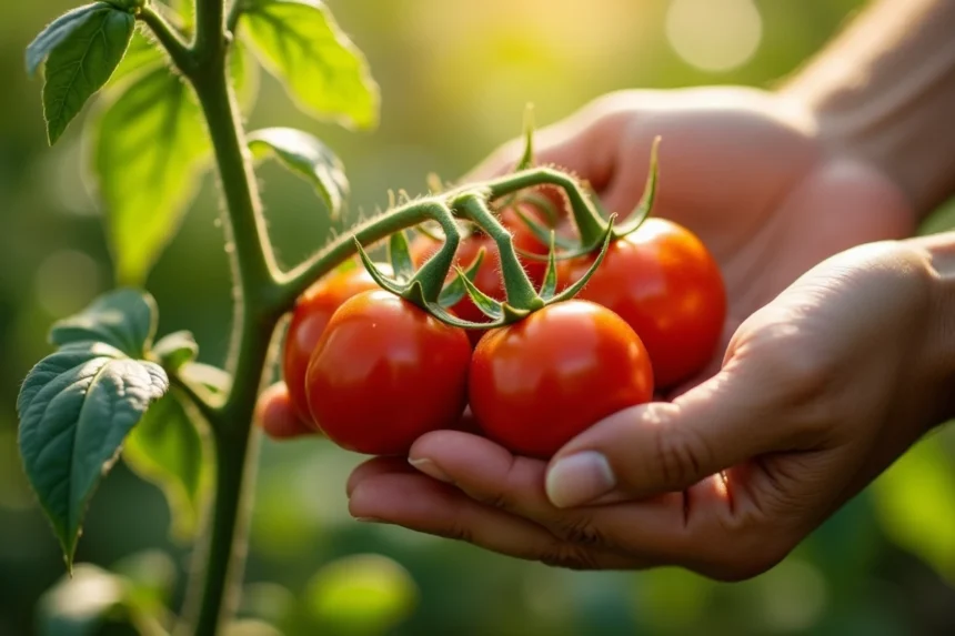 Tomates rouges mûres sur plant avec feuilles vertes dans un jardin biologique en plein soleil