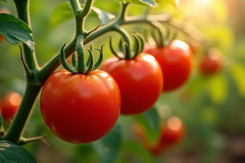 Tomates rouges mûres sur pied dans un potager ensoleillé