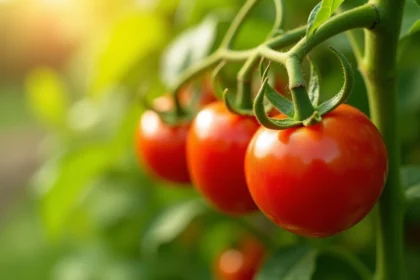 Tomates rouges mûres sur plant de tomate au soleil dans un jardin