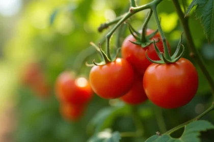 Tomates rouges mûres sur plant de tomate au soleil dans un jardin potager