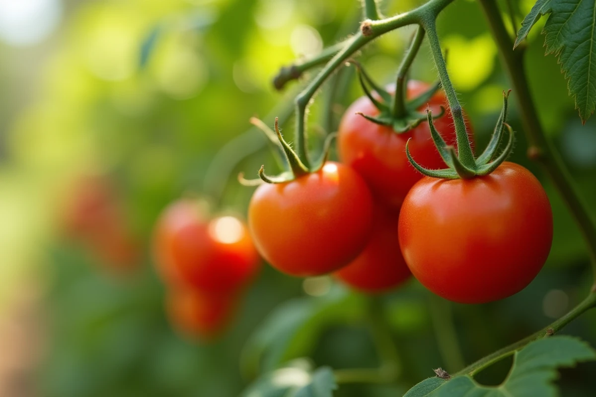 Tomates rouges mûres sur plant de tomate au soleil dans un jardin potager