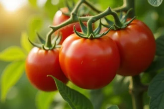 Tomates rouges mûres sur plant avec feuillage vert dans un jardin ensoleillé
