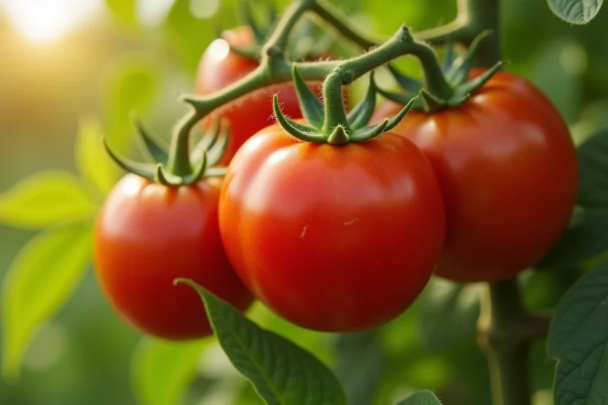 Tomates rouges mûres sur plant avec feuillage vert dans un jardin ensoleillé
