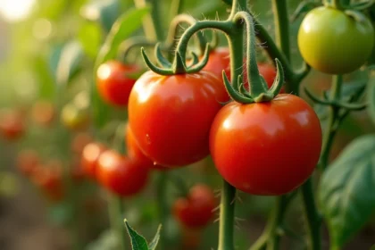 Tomates rouges mûres sur plant de tomate en pleine croissance au soleil dans un jardin
