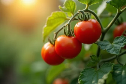 Tomates rouges mûres sur plant en pleine croissance dans un jardin biologique avec rosée du matin