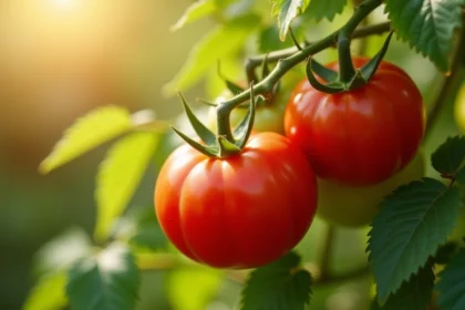 Tomates rouges mûres sur pied avec feuilles vertes en plein soleil