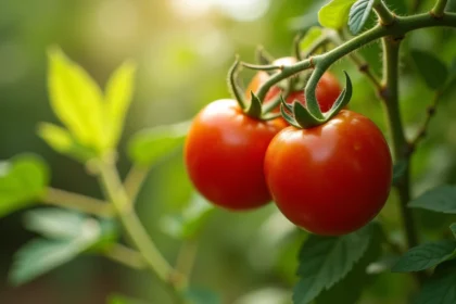 Tomates rouges mûres sur le plant avec feuilles vertes en plein soleil