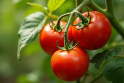 Tomates rouges mûres sur plant en plein soleil dans un jardin d'été