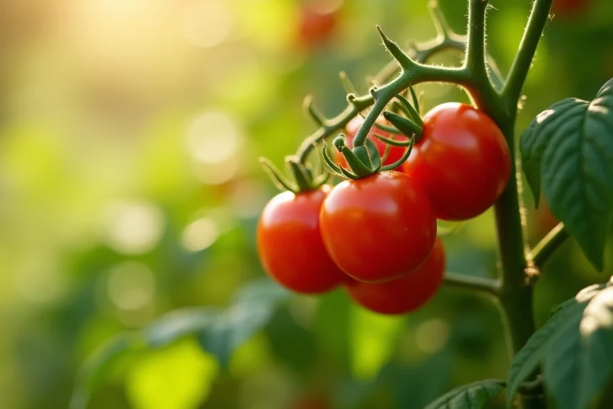 Tomates rouges mûres sur plant avec feuilles vertes en plein soleil d'été