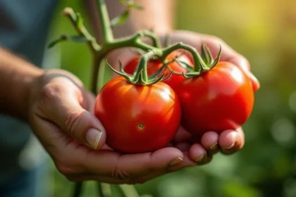 Tomates rouges mûres sur plant en plein soleil avec mains de jardinier