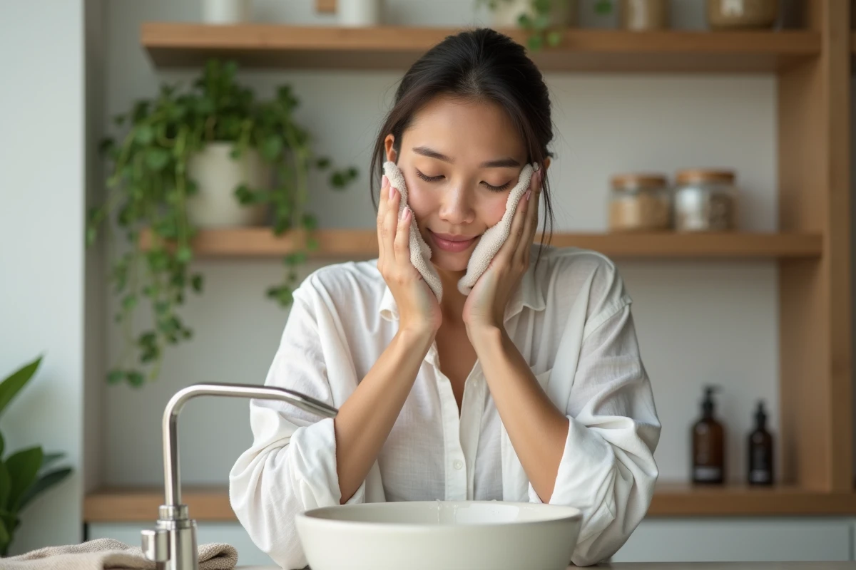 jeune femme nettoyant son visage avec soin dans une salle de bain naturelle et écologique avec plantes