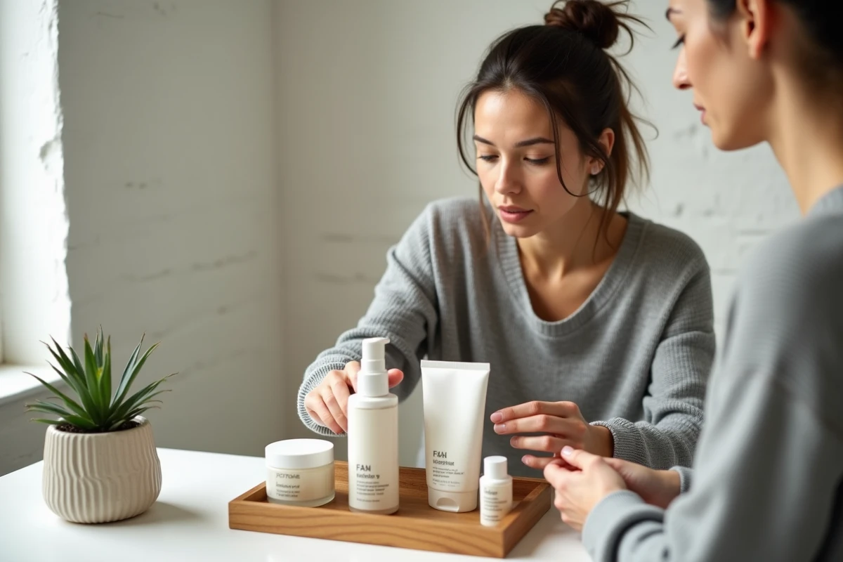 Femme organisant sa routine de soin visage à domicile entre deux séances professionnelles