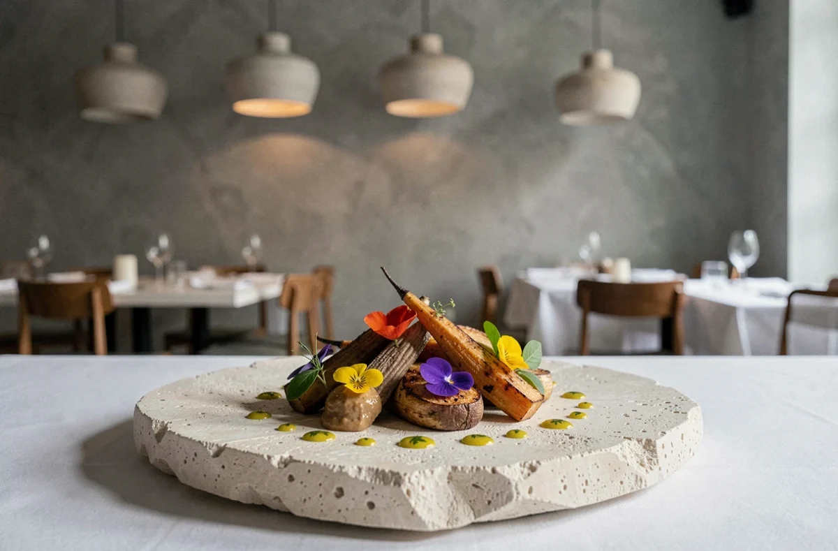 Assiette végétale gastronomique du restaurant étoilé Roza à Nantes, dressage précis de légumes et fleurs comestibles