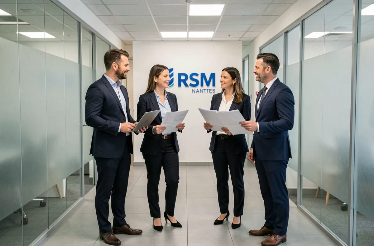 L'équipe du cabinet RSM à Nantes réunie dans le couloir de leurs bureaux avec rapports et ordinateur portable
