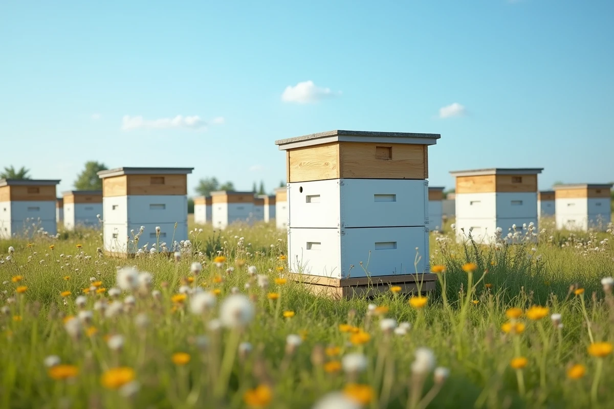Rangée de ruches d'apiculture dans un champ fleuri en plein soleil