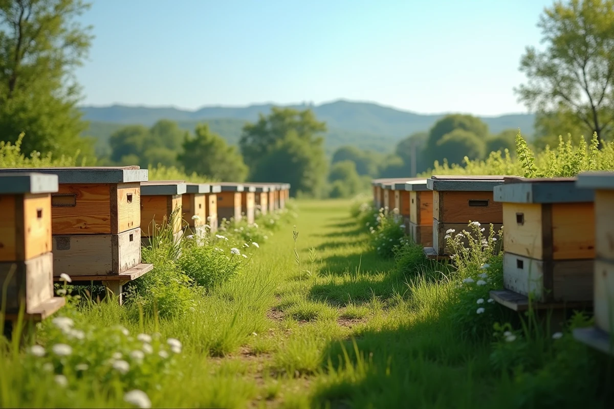 Plusieurs ruches en bois alignées dans un jardin apicole avec champs verts en arrière-plan