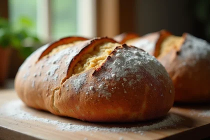 Pain au levain artisanal avec croûte dorée croustillante et farine naturelle