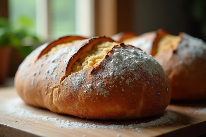 Pain au levain artisanal avec croûte dorée croustillante et farine naturelle