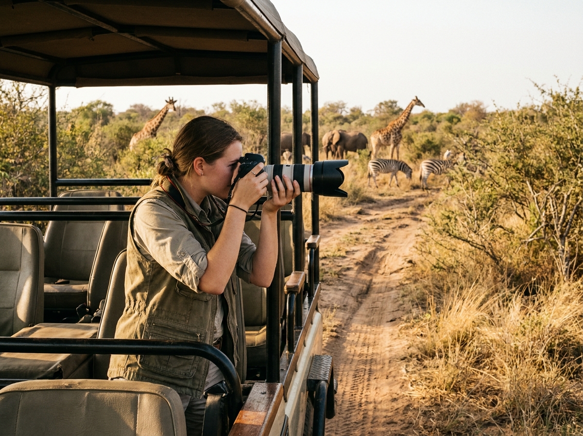 Femme photographe en véhicule de safari capturant la faune sud-africaine dans le bushveld naturel