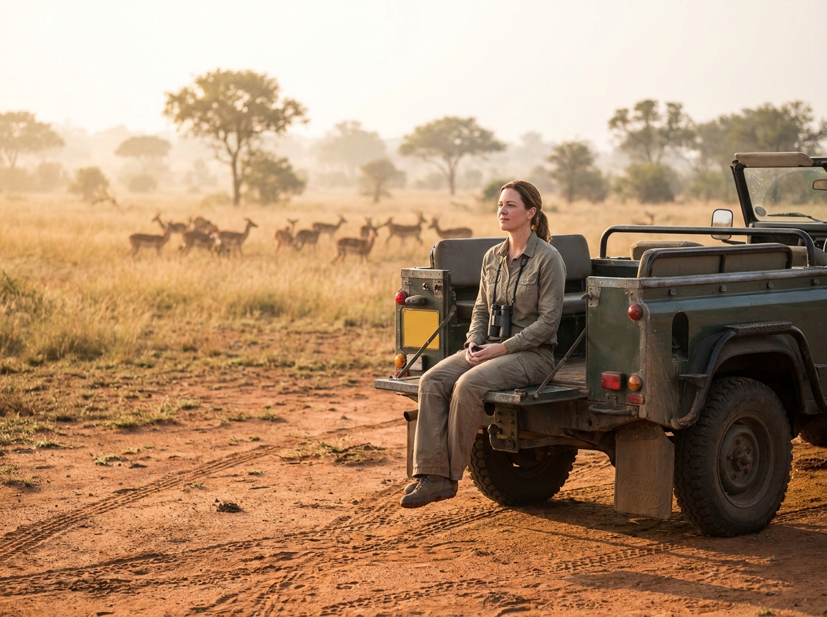 Femme voyageuse observant la savane africaine depuis un véhicule de safari dans le Kruger