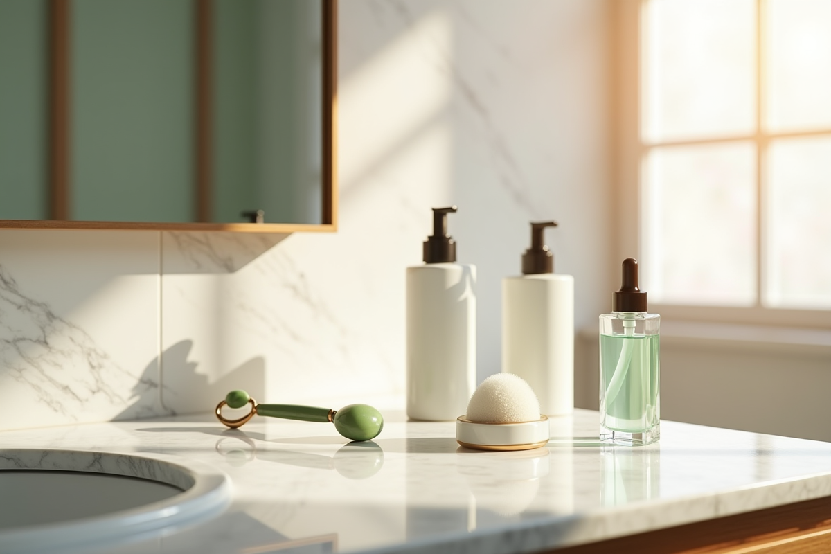 Salle de bain moderne avec vanité en marbre et accessoires skincare