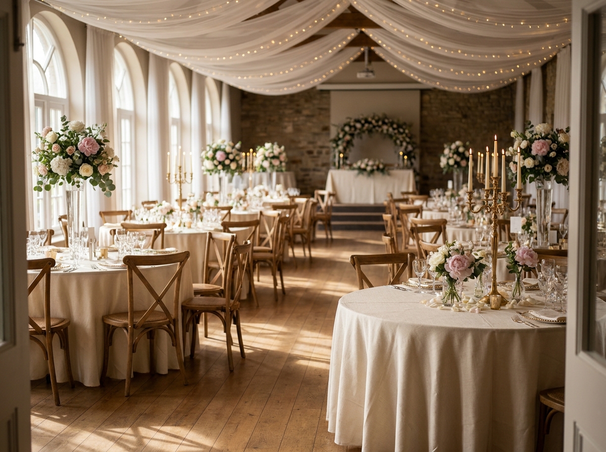 Vue d'ensemble d'une salle de réception décorée pour mariage avec tables élégantes, fleurs et bougies, détails de décoration soignés