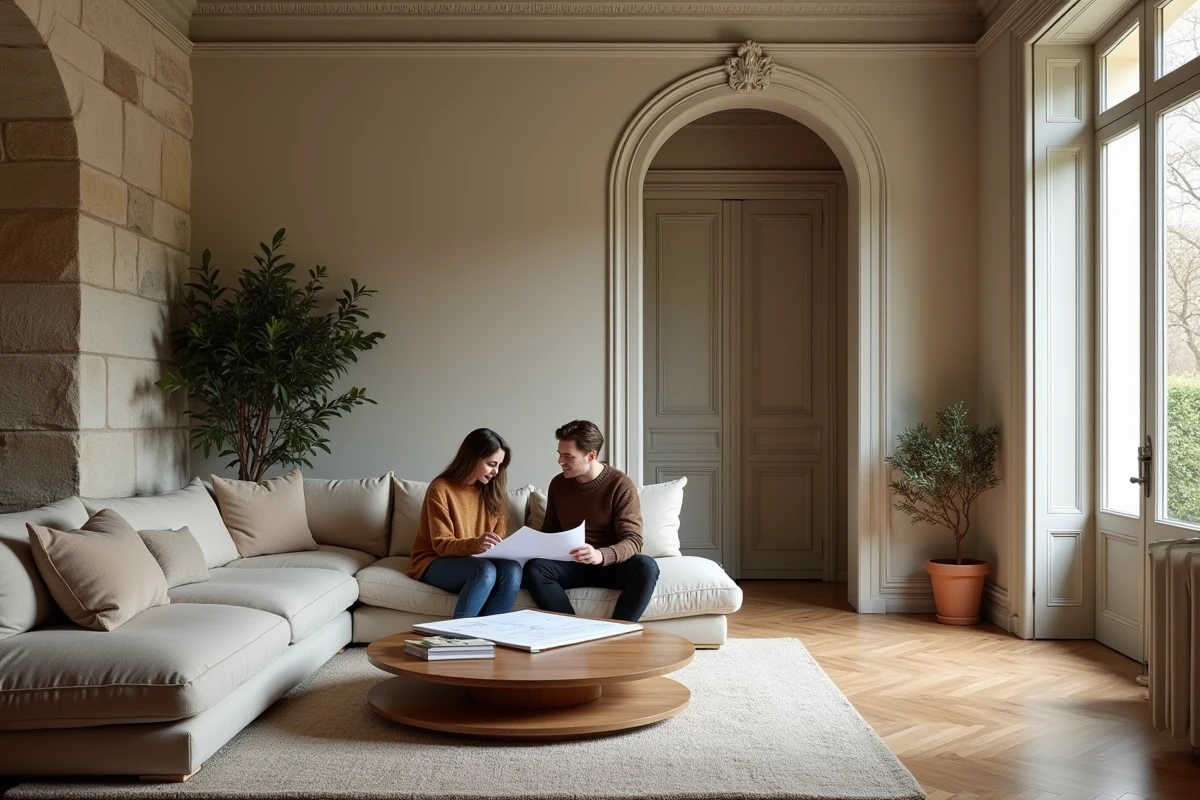 Couple consultant des plans dans un salon rénové mêlant cachet ancien et décoration contemporaine dans le 17e arrondissement