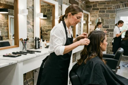 Coiffeuse professionnelle coupant les cheveux d'une cliente dans un salon de coiffure moderne à Laon