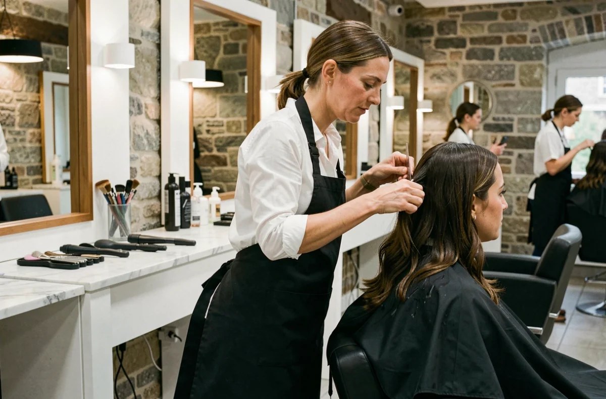 Coiffeuse professionnelle coupant les cheveux d'une cliente dans un salon de coiffure moderne à Laon