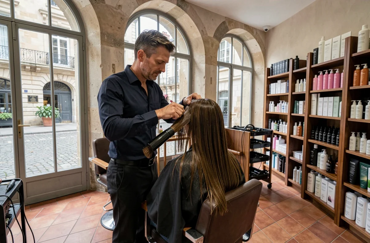 Coiffeur masculin appliquant une coloration sur une cliente dans un salon de coiffure historique à Laon