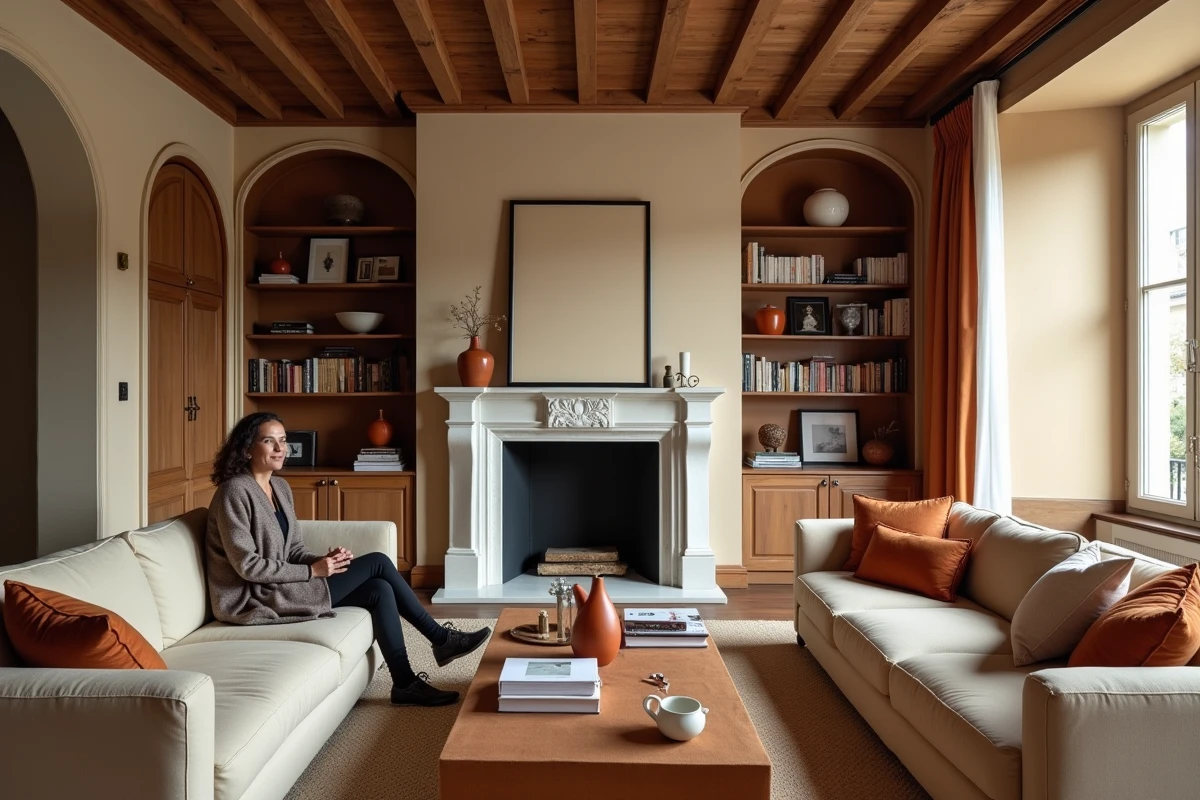 Salon raffiné avec poutres apparentes et cheminée en pierre dans un grand appartement parisien de caractère sur l'Île Saint-Louis