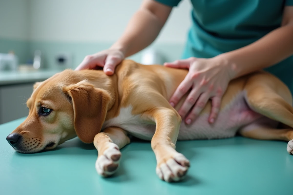 Un propriétaire examine la peau saine d'un chien en écartant son pelage sur une table vétérinaire