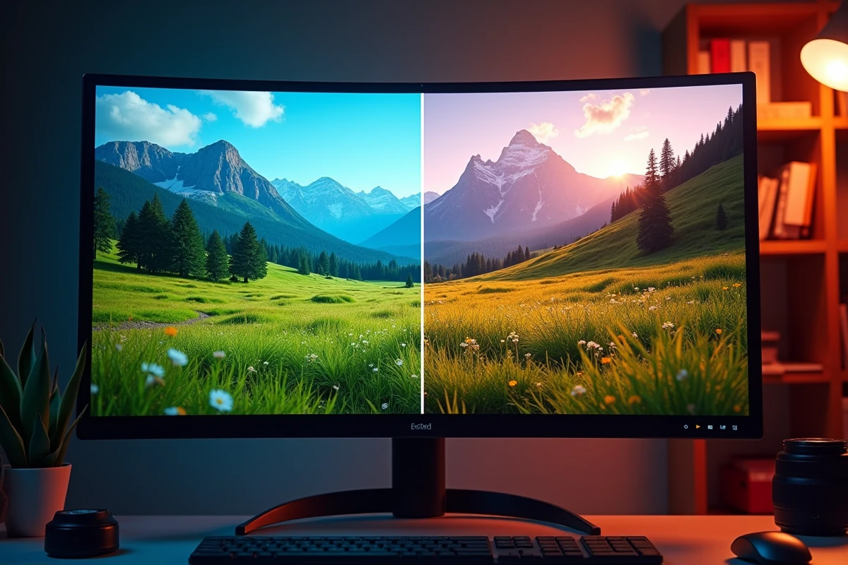 Comparaison sur écran entre une photo de paysage aux couleurs sursaturées et artificielles et une version à la vibrance naturellement ajustée