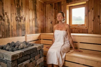 Femme se relaxant dans un sauna en bois de style nordique dans l'Eure, avec un poêle à pierres traditionnel et une atmosphère apaisante