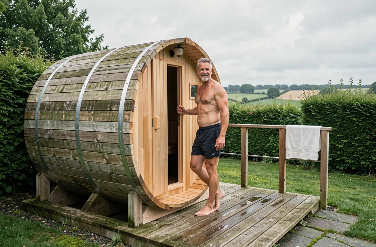 Sauna tonneau en bois de cèdre installé dans un jardin verdoyant en Normandie, département de l'Eure, avec un homme sortant se ressourcer en plein air