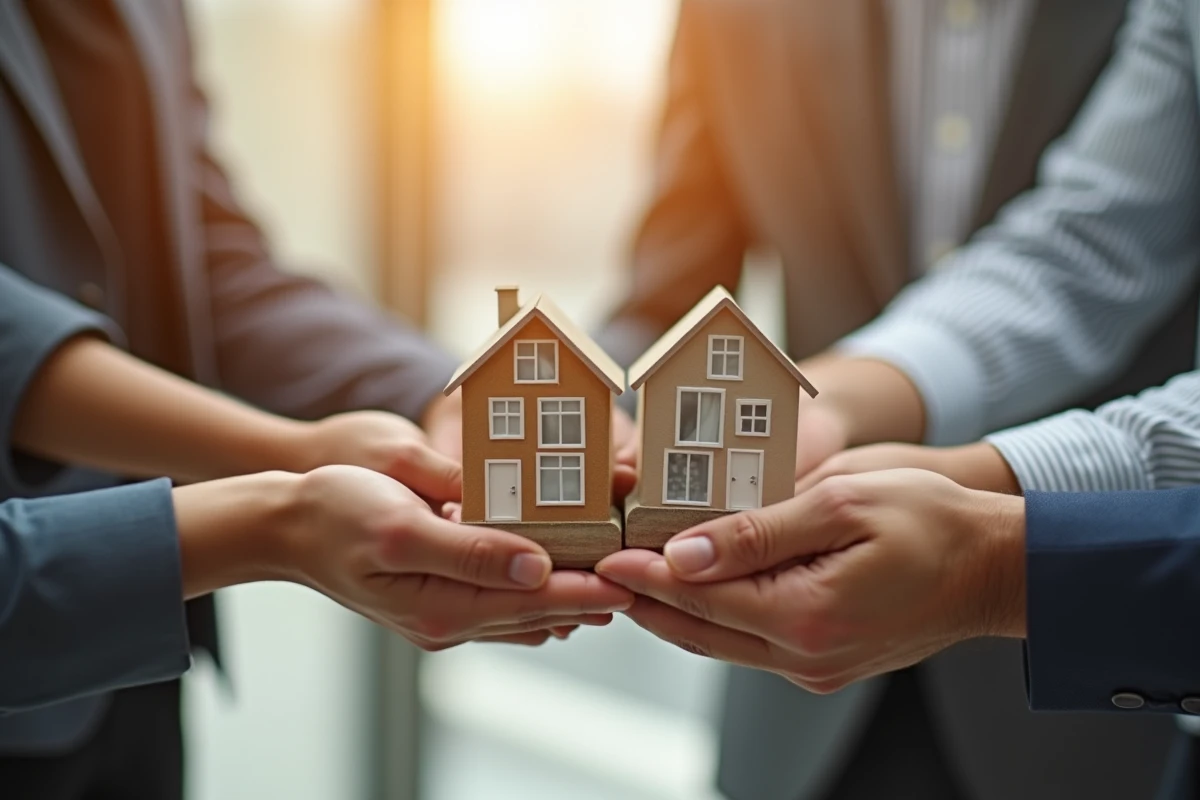 Groupe d'investisseurs tenant ensemble des petits immeubles symbolisant l'investissement collectif en SCPI