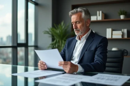 Conseiller financier présentant les mécanismes des SCPI à son client lors d'une réunion professionnelle en bureau moderne