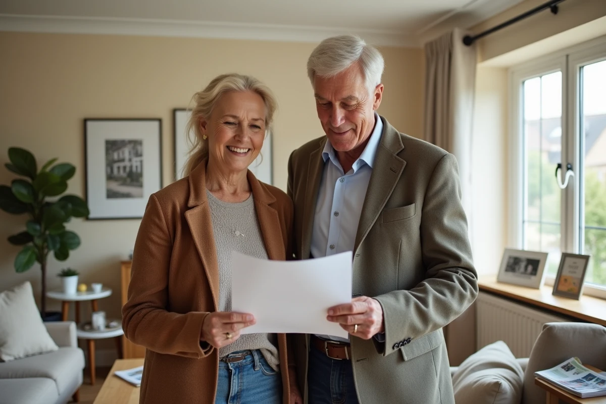 Couple de retraités consultant un document d'investissement en SCPI dans leur salon pour préparer leur retraite