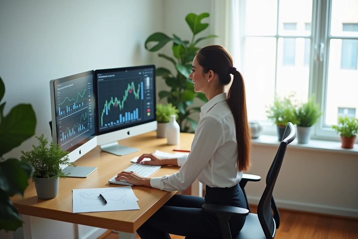 Jeune femme analyste d'investissement consultant des données SCPI sur écrans informatiques dans un bureau contemporain