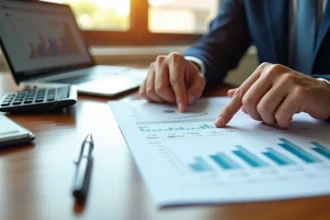 Conseiller financier présentant un portefeuille d'investissement immobilier SCPI avec documents et calculatrice