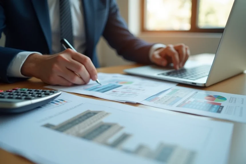 Investisseur analysant des documents immobiliers et un portefeuille de placements SCPI sur son bureau