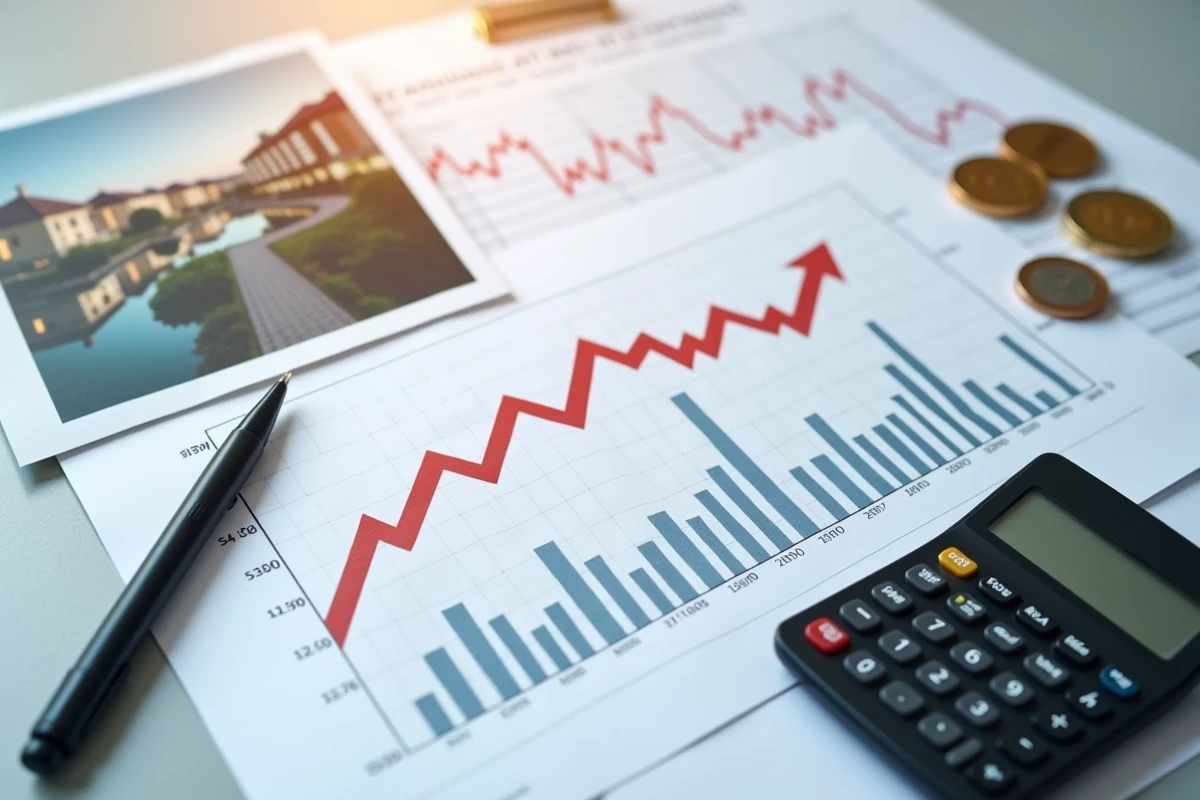 Composition montrant documents de SCPI, graphique de marché et propriétés immobilières pour illustrer les rendements d'investissement