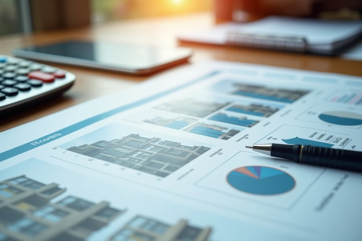 Documents d'investissement immobilier en SCPI avec graphiques et photos de bâtiments commerciaux