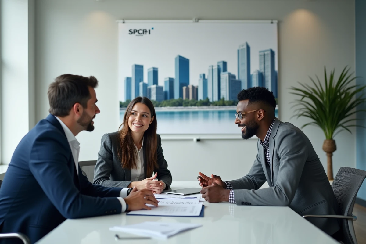 Groupe d'investisseurs en réunion analysant ensemble les détails d'un investissement en SCPI