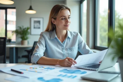Conseiller financier analysant des documents d'investissement immobilier et un portefeuille SCPI à son bureau