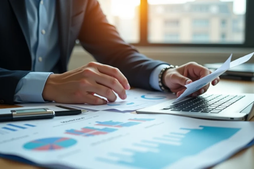 Analyste financier étudiant des documents d'investissement immobilier avec graphiques de rendement sur son bureau